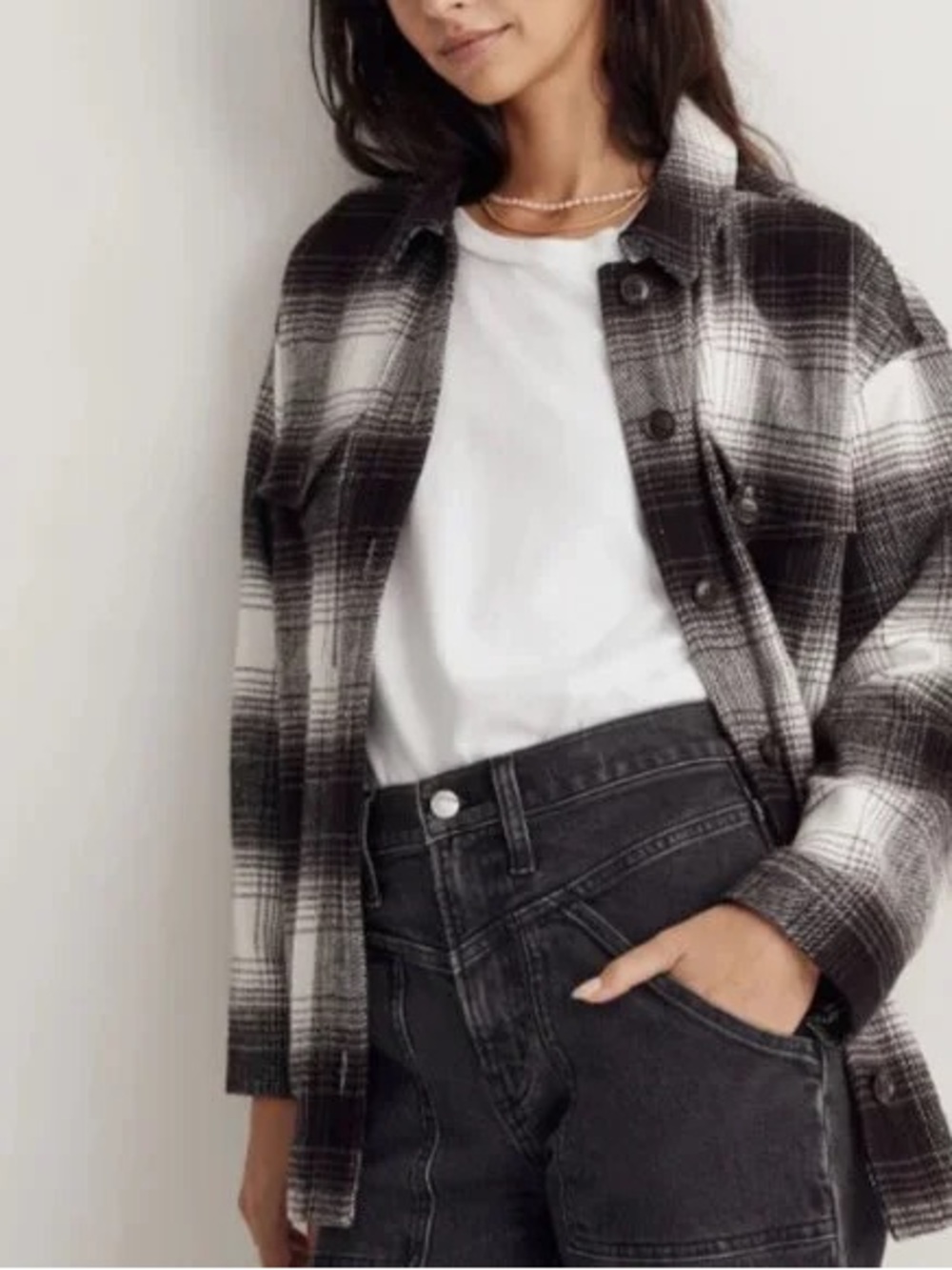 Madewell Twill Flannel Shirt Jacket Windowpane Plaid Shacket Black White XXS